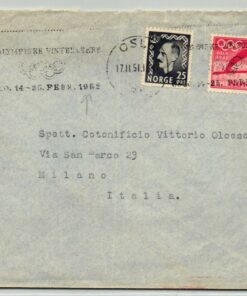 Norge 1951, Oslo 1952 Olympic Winter Games, MWST Olympiske Vinterleker Skispringen Brief gelaufen Italia Milano, Olympische Spiele