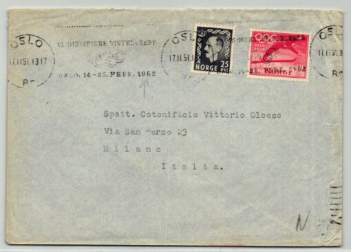 Norge 1951, Oslo 1952 Olympic Winter Games, MWST Olympiske Vinterleker Skispringen Brief gelaufen Italia Milano, Olympische Spiele