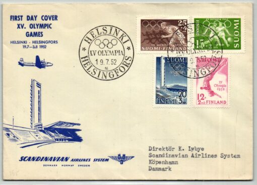 Finland 1952, Helsinki Olympic Games FDC Gelaufen nach Danmark Scandinavian Airlines, Olympische Spiele