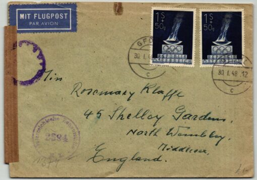 Austria 1948, Gföll Brief gelaufen nach England, Flugpost Zensur, Olympische Spiele