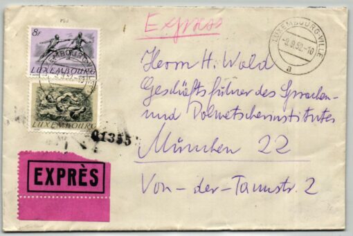 Luxembourg 1952, Helsinki Olympic Games Brief gelaufen nach Deutschland Fechten, Schwimmen Express, Olympische Spiele
