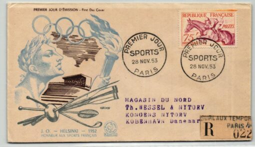 France 1953, Helsinki 1952 Olympic Games Brief Paris Reko gelaufen Reiten Hippisme, Olympische Spiele