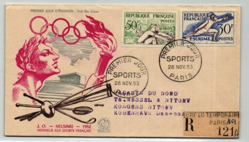 France 1953, Helsinki 1952 Olympic Games Brief Paris Reko gelaufen Reiten Hippisme, Olympische Spiele
