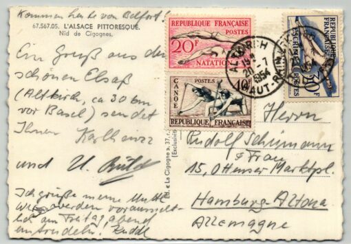 France 1953, Helsinki 1952 Olympic Games Karte Altkirch Schwimmen, Kanu, Fechten, Olympische Spiele
