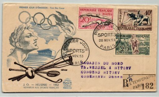 France 1953, Helsinki 1952 Olympic Games Brief Paris Reko gelaufen Schwimmen, Kanu, Laufen, Olympische Spiele