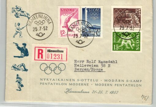 Finland 1952, Helsinki Olympic Games Brief Reko Hämeelinna gelaufen nach Bergen/Norge, Moderner Fünfkampf, Olympische Spiele
