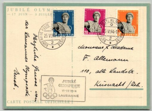 Swiss 1944, Jubile Olympique 1944 Lausanne, Sonderpostkarte mir Olympia Serie Olympic Olympia