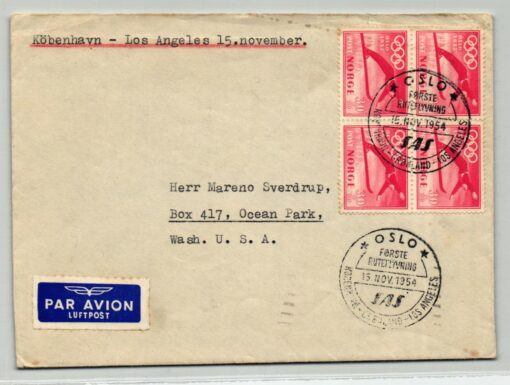 Norge 1952, Oslo Olympic Winter Games, Airmail Oslo - Los Angeles SAS 1954 Luftpost, Olympische Spiele