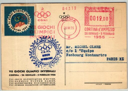 Italia 1956, Cortina Olympic Winter Games Karte mit FST Giochi Olimpici, Vignette und Zusatzstempel, EMA, Olympische Spiele