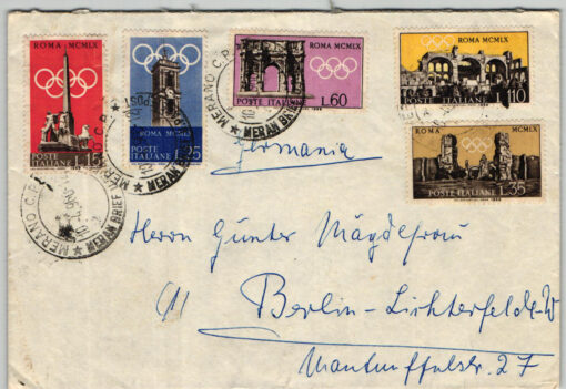 Italia, 1959 Roma 1960 Olympic Games, Brief von Meran nach Berlin, giochi olimpici olimpico, Olympische Spiele