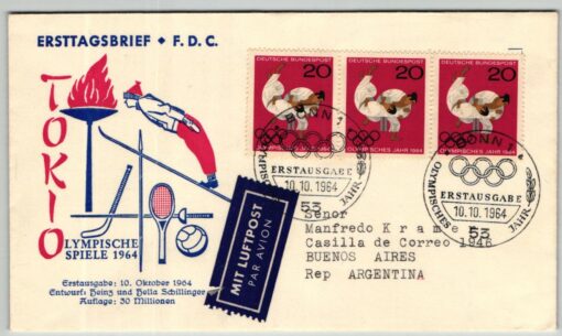 Bund, Japan, Tokio 1964 Olympic Games, Luftpost Aimail FDC Brief gelaufen nach Argentinien Judo Giochi olimpici, olimpico, Olympische Spiele