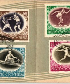 Polska, Melbourne 1956 Australia Olympic Games, Klappkarte mit SST Ersttag Fechten, Boxen, Rudern, Speerwurf, Turnen, Hürden, Olympische Spiele