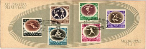Polska, Melbourne 1956 Australia Olympic Games, Klappkarte mit SST Ersttag Fechten, Boxen, Rudern, Speerwurf, Turnen, Hürden, Olympische Spiele