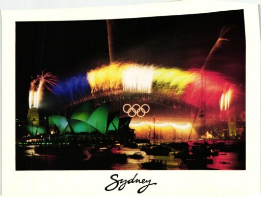 Australia 2000, Sydney Olympic Games, Ansichtskarte Sydney Harbour Bridge Olympic Rings Fireworks Closing Ceremony, Olympische Spiele