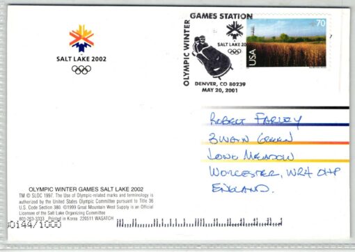 USA 2002, Salt Lake City Olympic Winter Games, Ansichtskarte mit SST Denver Bob 2001 Games Station, Olympische Spiele