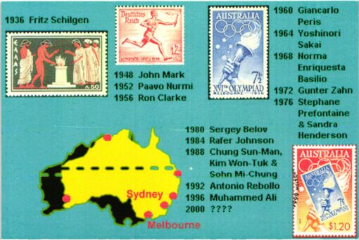 AK Postcard Olympic Games, Torchbearers of the Twentieth Century, 1936-2000, Socety of Olympic Collectors