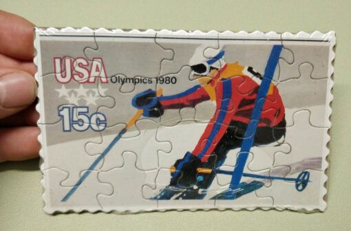 USA 1980, Lake Placid Olympic Winter Games, Karte Skiing Stamp als Puzzle, Olympische Spiele