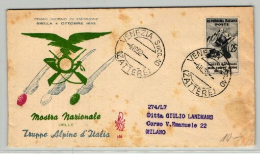 Italia 1952, FDC Truppe Alpine Biella Italien, Gebirgsjäger, FDC Venezia Zattere