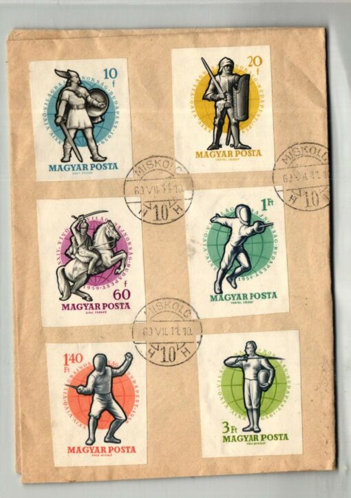 Magyar 1959, Fechten, Kampf, Waffen, Ungarn Mi. 1601-1608 geschnitten, Brief in der Mitte gefalten.