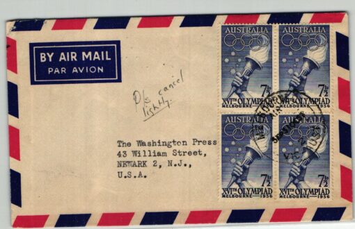 Australia, Melbourne 1956, Airmail gelaufen nach USA Fackel Torch , Olympische Spiele