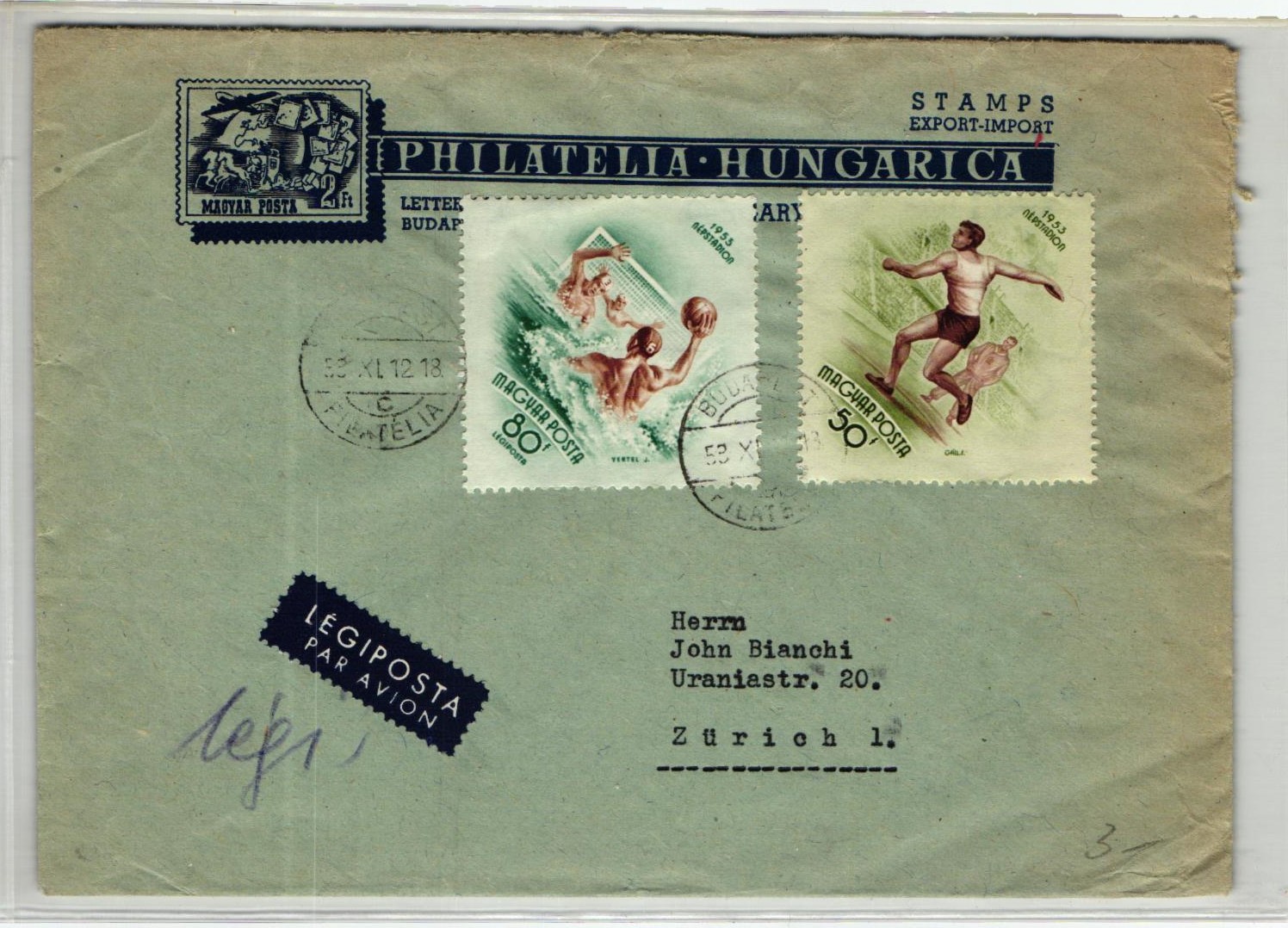 Magyar 1953, Budpest Wasserball, Diskus, Luftpost Brief gelaufen
