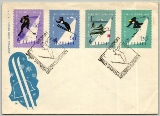 Polska Warschau 1961 FDC, Skispringen, Eishockey, Biathlon, Ski Alpin