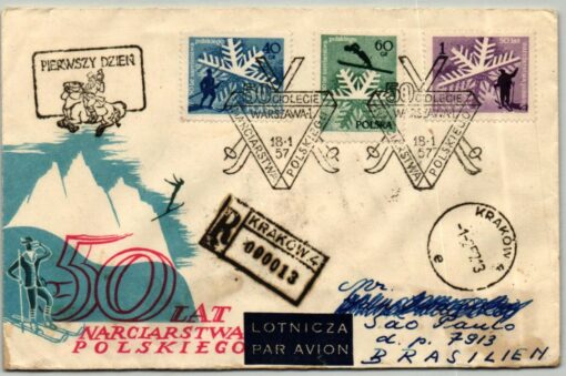 Polska 1957, Krakow Airmail Reko, Skifahren, Ski springen, Skiing