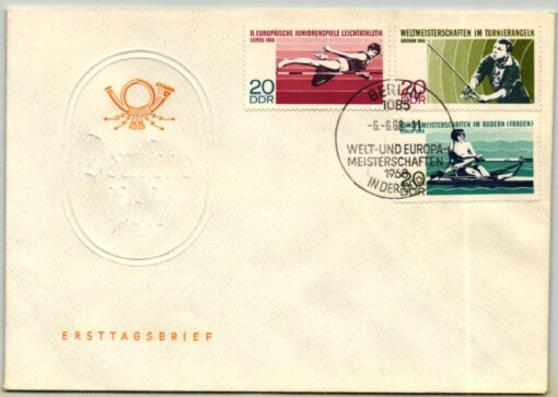 DDR Berlin 1968 Sport Leichtathletik, Turnierangeln, Rudern Welt- Europameisterschaft FDC
