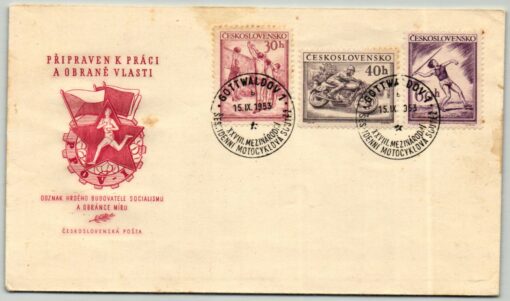 CSR Gottwaldov 1953, Sport, Volleyball, Motorrad, Speerwurf FDC