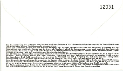 Bundespost Berlin 1980, Für den Sport, Speerwurf Gewichtheben Wasserball, 3 FDC – Bild 6