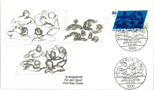 Bundespost Berlin 1980, Für den Sport, Speerwurf Gewichtheben Wasserball, 3 FDC – Bild 3