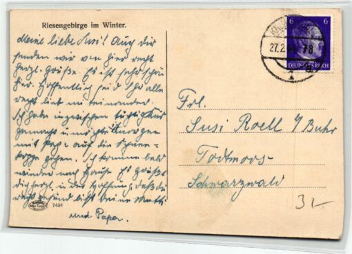 AK Postcard Ski, Ski Heil Riesengebirge Winter Skifahrerin 1944 Skiing – Bild 2