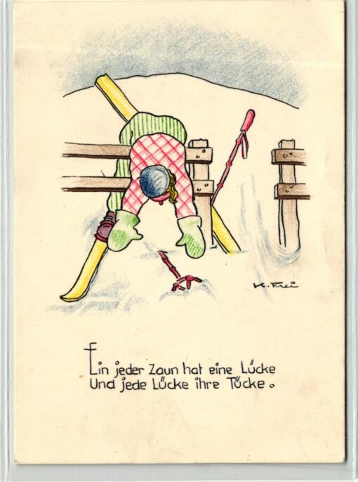 AK Postcard Ski, Zaun Lücke Tücke, Verlag Freco 684/1 Skiing