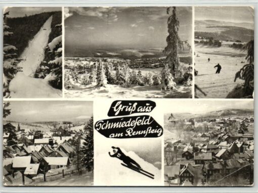 AK Postcard Ski, Gruß aus Schmiedefeld am Rennsteig Thüringen DDR Skiing