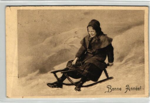AK Postcard Rodeln, Glückwunschkarte Bonne Annèe Schlitten Kind