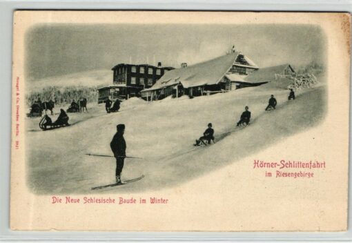 AK Postcard Rodeln, Hörner Schlittenfahrt Riesengebirge Schlesische Baude Winter