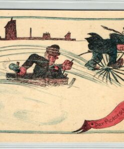 AK Postcard Rodeln, Der Motorschlitten, Heigenmooser München Wintersport Zeichnung
