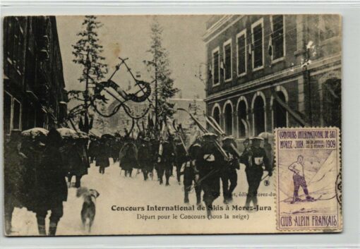 AK Postcard Ski, Morez Jura 1909 Vignette Cinderella Depart Concourse Club Alpine Skiing