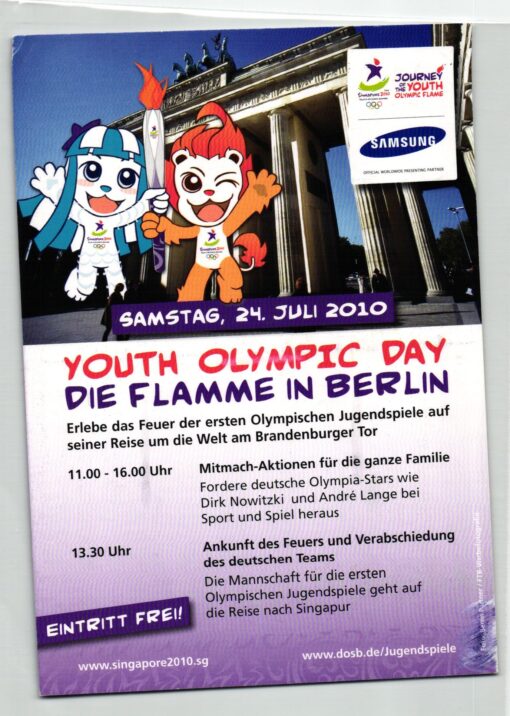 Germany - Youth Olympic Games Singapore 2010 Berlin Flammenzeremonie Torch Relay Postcard to UK – Bild 2