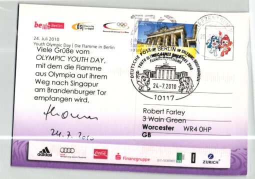 Germany - Youth Olympic Games Singapore 2010 Berlin Flammenzeremonie Torch Relay Postcard to UK