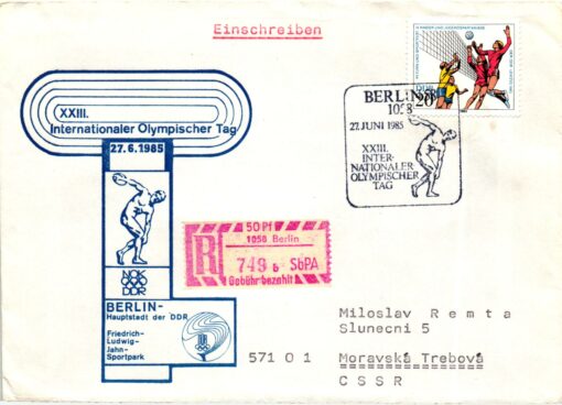 DDR Berlin 1985 XXIII. Internationaler Olympischer Tag Reko Sonderpostamt Diskus