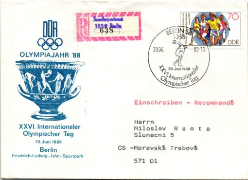DDR Berlin 1988 XXVI. Internationaler Olympischer Tag Reko Sonderpostamt Diskus