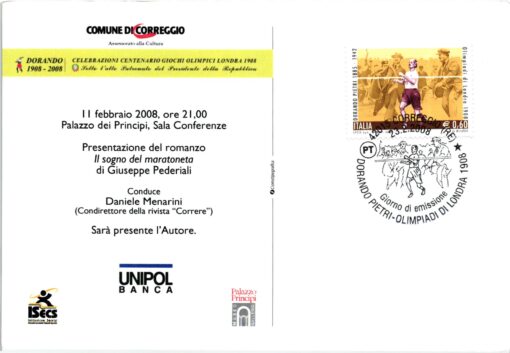 Italy, 2008 Correggio Dorando Petri 1908-2008 London Olympic Games FDC Karte Marathon – Bild 2