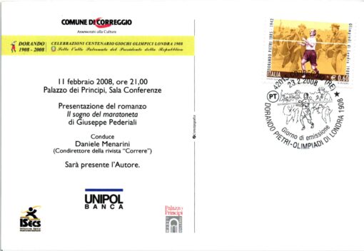 Italy, 2008 Correggio Dorando Petri 1908-2008 Maratoneta Londra Olympic Games FDC cartolina