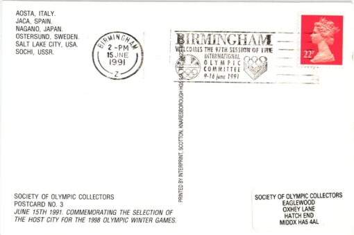 UK, Birmingham 1991 IOC Session Candidate City Olympic Games 1998 Nagano, Aosta, Jaca Ostersund, Salt Lake City, Sochi