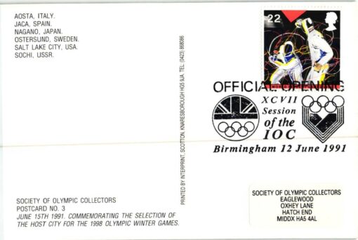 UK, Birmingham 1991 IOC Session Candidate City Olympic Games 1998 Nagano, Aosta, Jaca Ostersund, Salt Lake City, Sochi