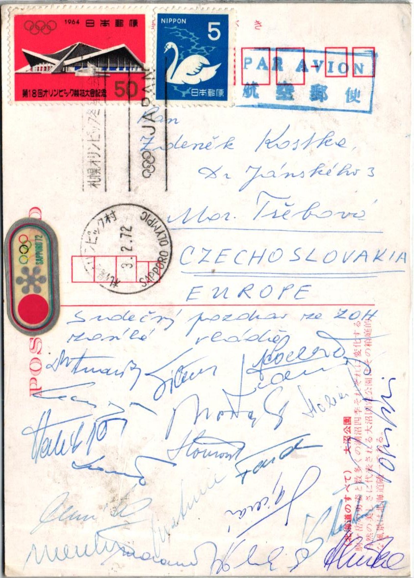 Japan Sapporo 1972 Olympic Games, Postkarte Autogramme Mannschaft? Postcard Air Mail Olympic Village Par Avion