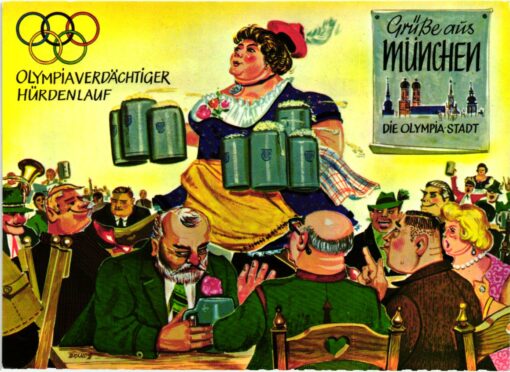Deutschland, München 1972 Olympische Spiele Ansichtskarte Bier Hürdenlauf Humor Olympic Games