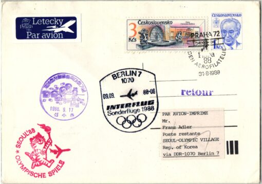 CSSR, Seoul 1988, Olympic Games, PRAHA Interflug Berlin Seoul Airmail Olympische Spiele