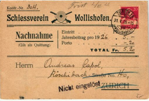 Shooting, Schiessen Zürich Schweiz Helvetia Schützenbund Schießverein Wollishofen Quittung 1926 Waffen Tiro a segno